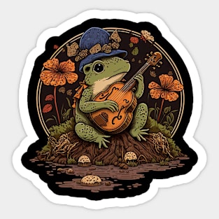 Cottagecore aesthetic cute frog playing ukelele on Mushroom Sticker